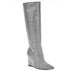 Gianni Bini GaborTwo Rhinestone Pointed Toe Tall Wedge Boots Size 8M